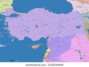 Detailed editable vector map of Turkey on English language. The map highlights state boundaries, major cities, highways, rivers, and geographic features.