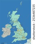 Detailed editable vector map of United Kingdom, UK, Great Britain, Britain, British Isles map in spanish. The map highlights state boundaries, major cities, highways, rivers, and geographic features.
