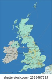 Detaillierte editierbare Vektorkarte von Großbritannien, Großbritannien, Großbritannien, Britische Inseln auf Spanisch. Die Karte zeigt Staatsgrenzen, Großstädte, Autobahnen, Flüsse und geografische Merkmale.
