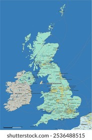 Detailed editable vector map of United Kingdom, UK, Great Britain, Britain,British Isles map in english. The map highlights state boundaries, major cities, highways, rivers, and geographic features.
