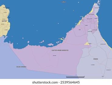 Mapa detallado de Vector editable de Emiratos Árabes Unidos, Emiratos Árabes Unidos en idioma inglés. El mapa destaca los límites estatales, las principales ciudades, carreteras, ríos y características geográficas.