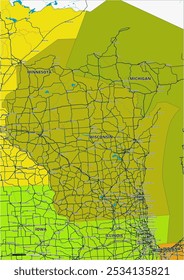 Um mapa vetorial editável detalhado do estado americano de Wisconsin. O mapa destaca fronteiras estaduais, grandes cidades, rodovias, rios e características geográficas. Ideal para design e apresentações.