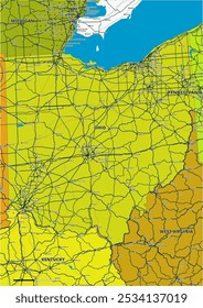 Um mapa vetorial editável detalhado do estado americano do Alabama. O mapa destaca fronteiras estaduais, grandes cidades, rodovias, rios e características geográficas. Ideal para design e apresentações.