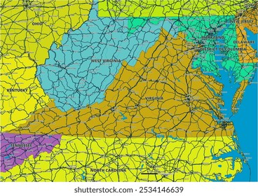 Um mapa vetorial editável detalhado do estado americano da Virgínia. O mapa destaca fronteiras estaduais, grandes cidades, rodovias, rios e características geográficas. Ideal para design e apresentações.