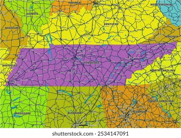 Um mapa vetorial editável detalhado do estado americano do Alabama. O mapa destaca fronteiras estaduais, grandes cidades, rodovias, rios e características geográficas. Ideal para design e apresentações.