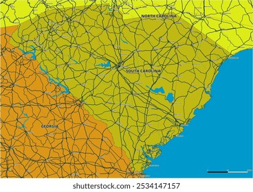 Um mapa vetorial editável detalhado do estado americano do Alabama. O mapa destaca fronteiras estaduais, grandes cidades, rodovias, rios e características geográficas. Ideal para design e apresentações.