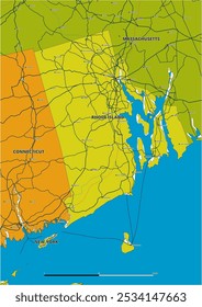 Um mapa vetorial editável detalhado do estado americano de Rhode Island. O mapa destaca fronteiras estaduais, grandes cidades, rodovias, rios e características geográficas. Ideal para design e apresentações.