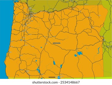 Um mapa vetorial editável detalhado do estado americano de Oregon. O mapa destaca fronteiras estaduais, grandes cidades, rodovias, rios e características geográficas. Ideal para design e apresentações.