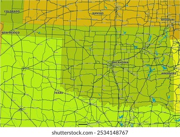 Um mapa vetorial editável detalhado do estado americano de Oklahoma. O mapa destaca fronteiras estaduais, grandes cidades, rodovias, rios e características geográficas. Ideal para design e apresentações.