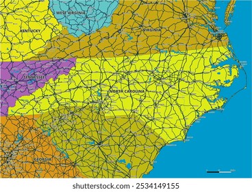 Um mapa vetorial editável detalhado do estado americano da Carolina do Norte. O mapa destaca fronteiras estaduais, grandes cidades, rodovias, rios e características geográficas. Ideal para design e apresentações.