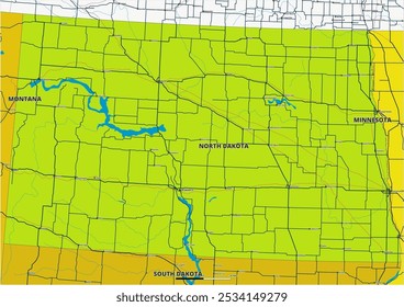 Um mapa vetorial editável detalhado do estado americano de Dakota do Norte. O mapa destaca fronteiras estaduais, grandes cidades, rodovias, rios e características geográficas. Ideal para design e apresentações.