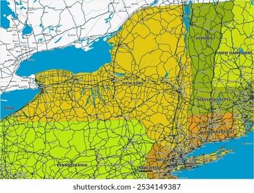 Um mapa vetorial editável detalhado do estado norte-americano de Nova Iorque. O mapa destaca fronteiras estaduais, grandes cidades, rodovias, rios e características geográficas. Ideal para design e apresentações.