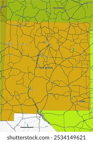 Um mapa vetorial editável detalhado do estado americano do Novo México. O mapa destaca fronteiras estaduais, grandes cidades, rodovias, rios e características geográficas. Ideal para design e apresentações.