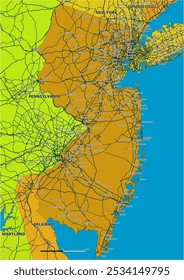 Um mapa vetorial editável detalhado do estado americano de Nova Jersey. O mapa destaca fronteiras estaduais, grandes cidades, rodovias, rios e características geográficas. Ideal para design e apresentações.