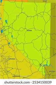 Um mapa vetorial editável detalhado do estado americano de Nevada. O mapa destaca fronteiras estaduais, grandes cidades, rodovias, rios e características geográficas. Ideal para design e apresentações.