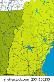 Um mapa vetorial editável detalhado do estado americano de New Hampshire. O mapa destaca fronteiras estaduais, grandes cidades, rodovias, rios e características geográficas. Ideal para design e apresentações.