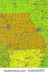 Um mapa vetorial editável detalhado do estado americano de Missouri. O mapa destaca fronteiras estaduais, grandes cidades, rodovias, rios e características geográficas. Ideal para design e apresentações.