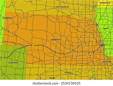 A detailed editable vector map of the U.S. state of Nebraska. The map highlights state boundaries, major cities, highways, rivers, and geographic features. Ideal for design and presentations.