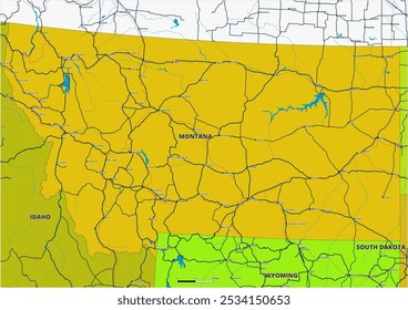 A detailed editable vector map of the U.S. state of Montana. The map highlights state boundaries, major cities, highways, rivers, and geographic features. Ideal for design and presentations.