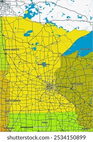 Um mapa vetorial editável detalhado do estado americano de Minnesota. O mapa destaca fronteiras estaduais, grandes cidades, rodovias, rios e características geográficas. Ideal para design e apresentações.