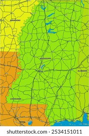 A detailed editable vector map of the U.S. state of Mississippi. The map highlights state boundaries, major cities, highways, rivers, and geographic features. Ideal for design and presentations.