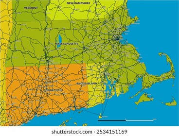 Um mapa vetorial editável detalhado do estado americano de Massachusetts. O mapa destaca fronteiras estaduais, grandes cidades, rodovias, rios e características geográficas. Ideal para design e apresentações.