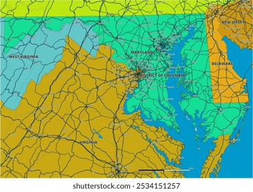 Um mapa vetorial editável detalhado do estado americano de Maryland. O mapa destaca fronteiras estaduais, grandes cidades, rodovias, rios e características geográficas. Ideal para design e apresentações.