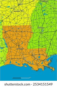 Um mapa vetorial editável detalhado do estado americano da Louisiana. O mapa destaca fronteiras estaduais, grandes cidades, rodovias, rios e características geográficas. Ideal para design e apresentações.