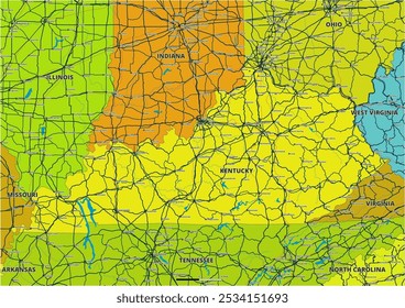 Um mapa vetorial editável detalhado do estado americano de Kentucky. O mapa destaca fronteiras estaduais, grandes cidades, rodovias, rios e características geográficas. Ideal para design e apresentações.