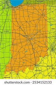 Um mapa vetorial editável detalhado do estado americano de Indiana. O mapa destaca fronteiras estaduais, grandes cidades, rodovias, rios e características geográficas. Ideal para design e apresentações.