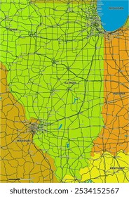 A detailed editable vector map of the U.S. state of Illinois. The map highlights state boundaries, major cities, highways, rivers, and geographic features. Ideal for design and presentations.