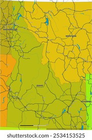 Um mapa vetorial editável detalhado do estado americano de Idaho. O mapa destaca fronteiras estaduais, grandes cidades, rodovias, rios e características geográficas. Ideal para design e apresentações.