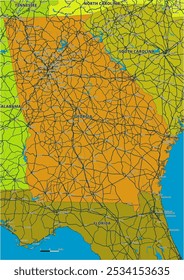 Um mapa vetorial editável detalhado do estado norte-americano da Geórgia. O mapa destaca fronteiras estaduais, grandes cidades, rodovias, rios e características geográficas. Ideal para design e apresentações.