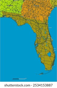 Um mapa vetorial editável detalhado do estado americano da Flórida. O mapa destaca fronteiras estaduais, grandes cidades, rodovias, rios e características geográficas. Ideal para design e apresentações.