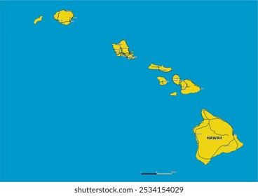 Um mapa vetorial editável detalhado do estado americano do Havaí. O mapa destaca fronteiras estaduais, grandes cidades, rodovias, rios e características geográficas. Ideal para design e apresentações.