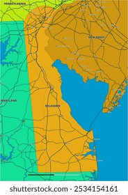 Um mapa vetorial editável detalhado do estado americano de Delaware. O mapa destaca fronteiras estaduais, grandes cidades, rodovias, rios e características geográficas. Ideal para design e apresentações.