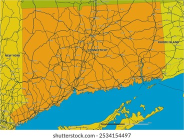 Um mapa vetorial editável detalhado do estado americano de Connecticut. O mapa destaca fronteiras estaduais, grandes cidades, rodovias, rios e características geográficas. Ideal para design e apresentações.