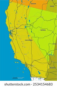 Um mapa vetorial editável detalhado do estado norte-americano da Califórnia. O mapa destaca fronteiras estaduais, grandes cidades, rodovias, rios e características geográficas. Ideal para design e apresentações.