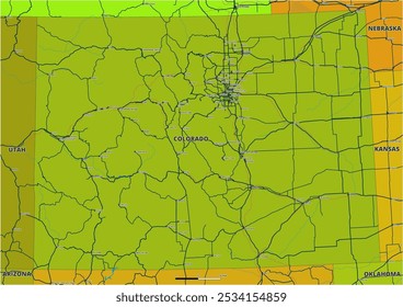 A detailed editable vector map of the U.S. state of Colorado. The map highlights state boundaries, major cities, highways, rivers, and geographic features. Ideal for design and presentations.