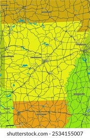 Um mapa vetorial editável detalhado do estado americano do Arkansas. O mapa destaca fronteiras estaduais, grandes cidades, rodovias, rios e características geográficas. Ideal para design e apresentações.