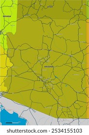 Um mapa vetorial editável detalhado do estado americano do Arizona. O mapa destaca fronteiras estaduais, grandes cidades, rodovias, rios e características geográficas. Ideal para design e apresentações.