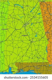 Um mapa vetorial editável detalhado do estado americano do Alabama. O mapa destaca fronteiras estaduais, grandes cidades, rodovias, rios e características geográficas. Ideal para design e apresentações.