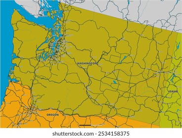 A detailed editable vector map of the U.S. state of Washington. The map highlights state boundaries, major cities, highways, rivers, and geographic features. Ideal for design and presentations.
