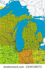 Um mapa vetorial editável detalhado do estado americano de Michigan. O mapa destaca fronteiras estaduais, grandes cidades, rodovias, rios e características geográficas. Ideal para design e apresentações.

