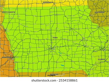 Um mapa vetorial editável detalhado do estado americano de Iowa. O mapa destaca fronteiras estaduais, grandes cidades, rodovias, rios e características geográficas. Ideal para design e apresentações.
