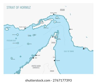 Detailed editorial-style map of the Strait of Hormuz showing surrounding countries, coastlines, islands, and key geographic features. Clean and elegant vector illustration with clearly defined and editable regions, suitable for news, media, infographics, and geopolitical analysis. Includes Iran, Oman, and the United Arab Emirates with accurate borders and regional context.
