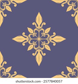 Detailed Elaborate Fancy Fleur De lis Deluxe Royal Gold Embroidery Scroll Ornament on Denim Blue Background Seamless Luxury Pattern Magnificent Gentle Silk Weaves Victorian Opulence Florals Decoration