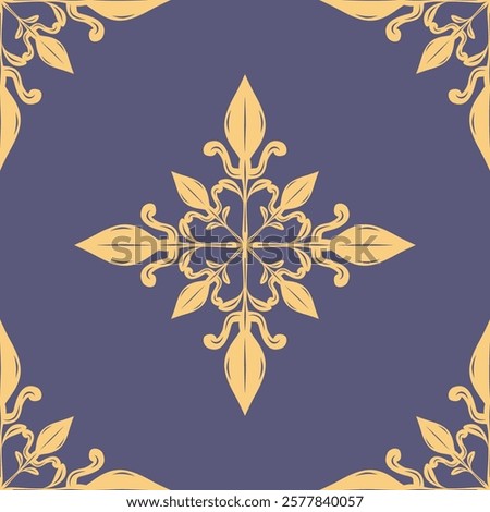 Detailed Elaborate Fancy Fleur De lis Deluxe Royal Gold Embroidery Scroll Ornament on Denim Blue Background Seamless Luxury Pattern Magnificent Gentle Silk Weaves Victorian Opulence Florals Decoration