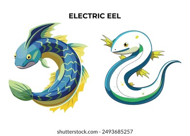 Detailed Electric Eel fish vector illustration. Perfect for culinary, marine, and environmental designs. High-quality vector for easy customization. Ideal for menus, packaging, education, and web grap