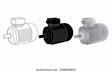 Detailed electric motor illustration in three styles: outline, solid, and gradient. Ideal for engineering, industrial, mechanical, and technical design projects